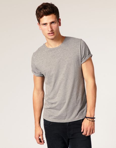 Asos T Shirt with Rolled Sleeves in Gray for Men (greymarl) | Lyst