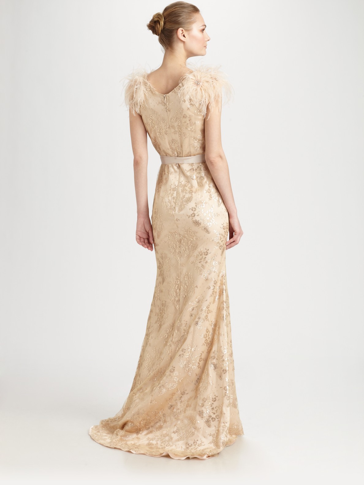 badgley mischka metallic lace gown