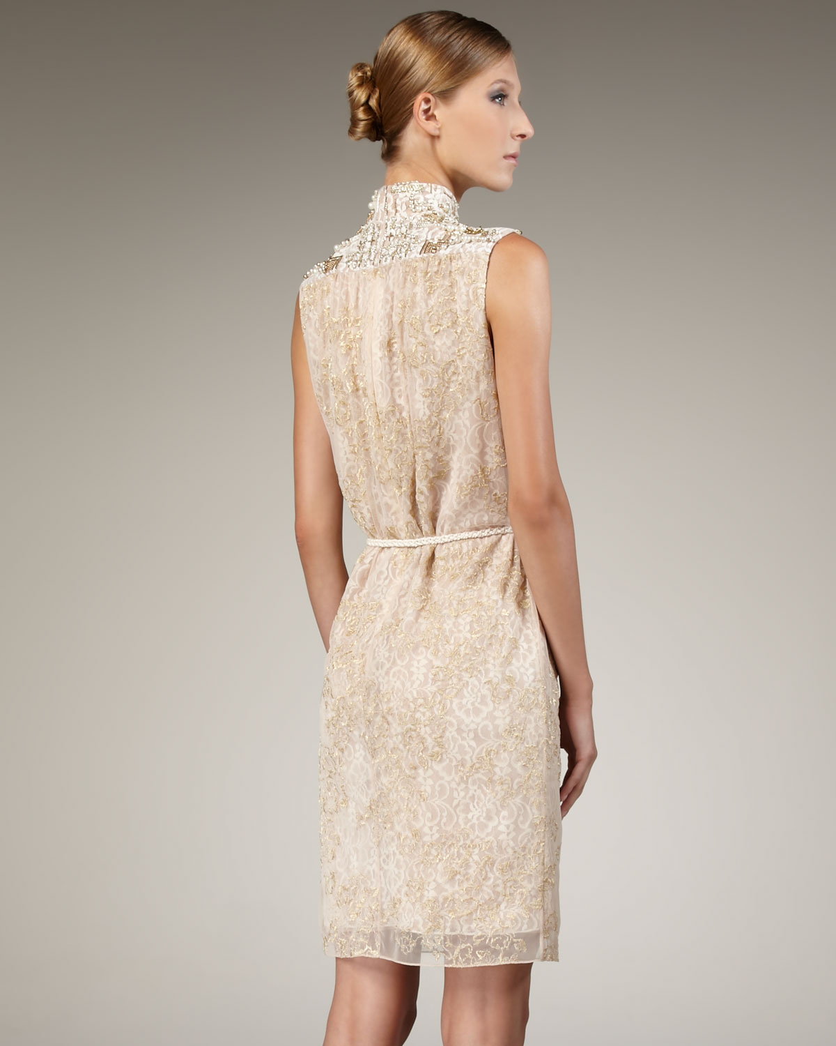 Lyst Badgley Mischka Beaded Laceoverlay Tail Dress In Metallic Gallery