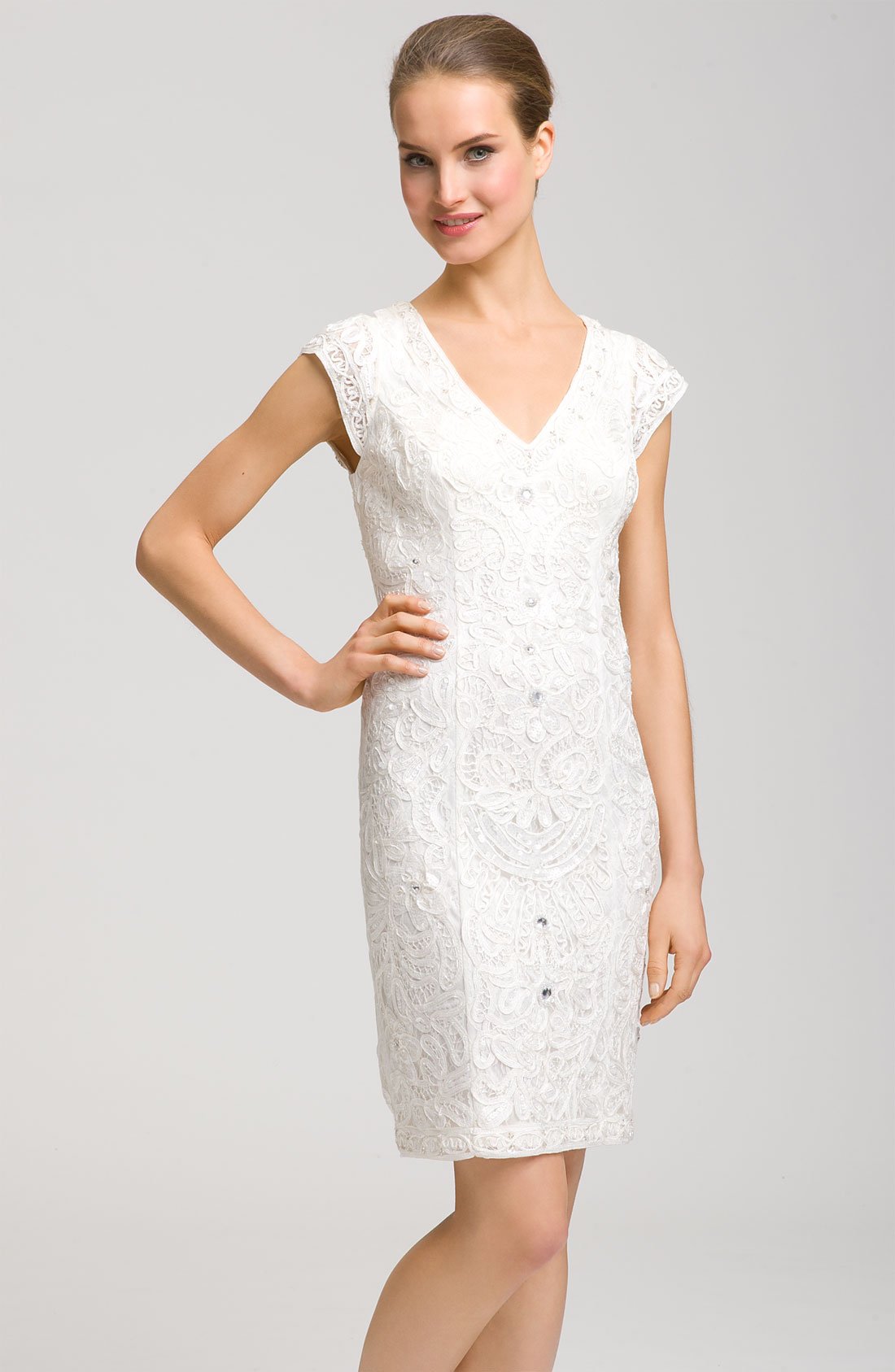 Sue Wong Cap Sleeve Bead Embroidery Sheath Dress in White | Lyst