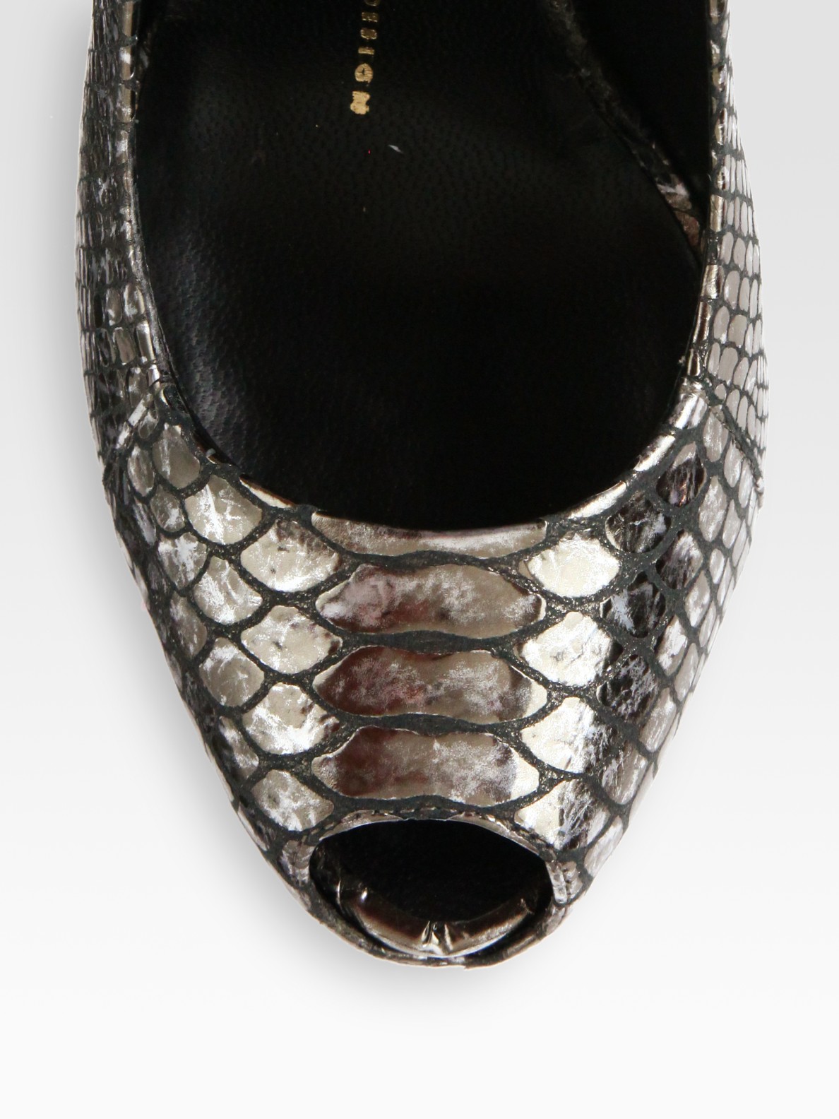 Lyst - Giuseppe zanotti Snakeprint Metallic Leather Peep Toe Pumps in ...