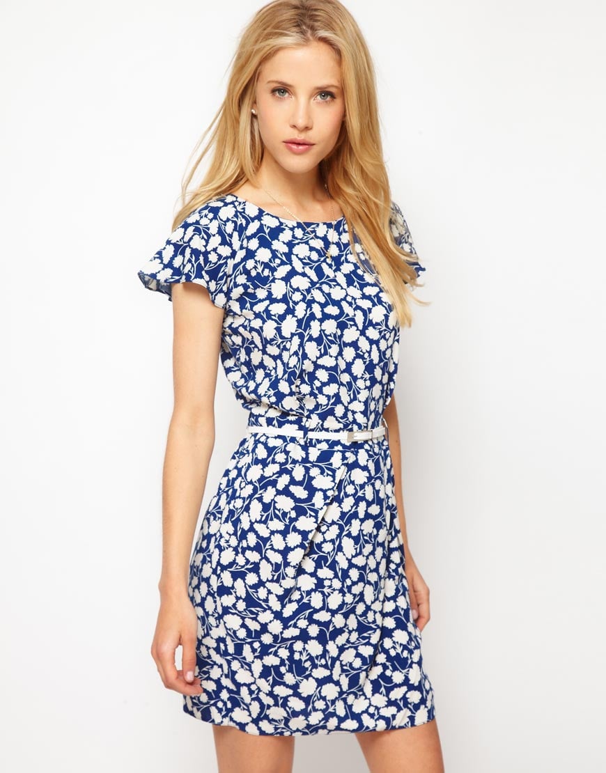 Asos Collection Mini Tulip Dress with Flute Sleeves in Blue (navy) | Lyst