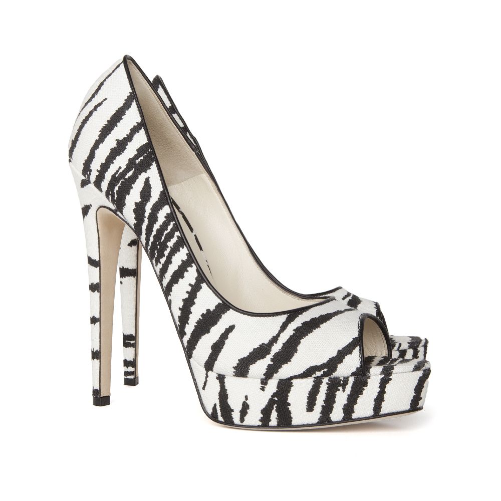 Lyst - Brian Atwood Linen Zebra Print Open Toe Platform Pump