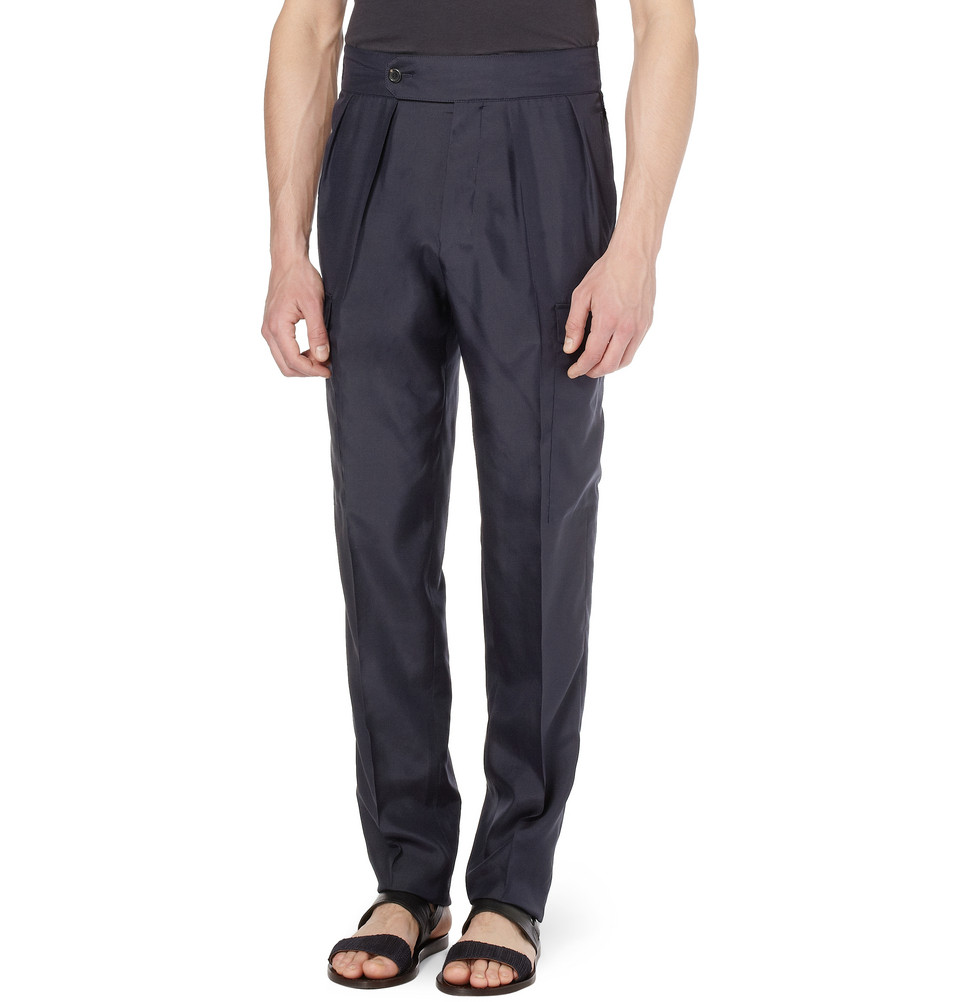 Saint laurent Pleated Silk Cargo Suit Trousers in Blue for Men | Lyst