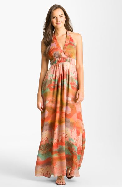 Jessica Simpson Print Halter Crêpe De Chine Maxi Dress in Orange ...