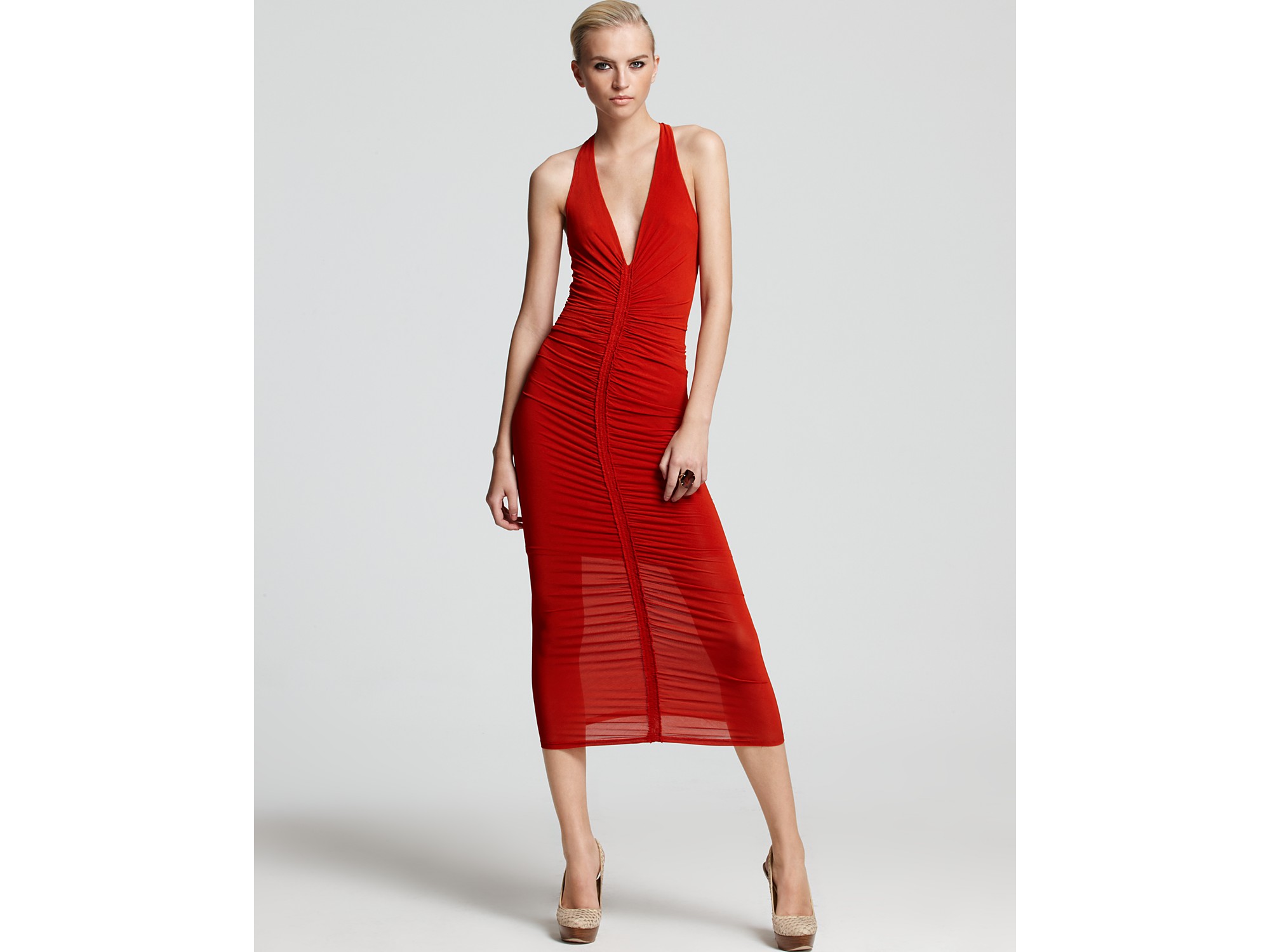 Lyst Donna Karan Dress Center Front Ruched Maxi In Red Gallery
