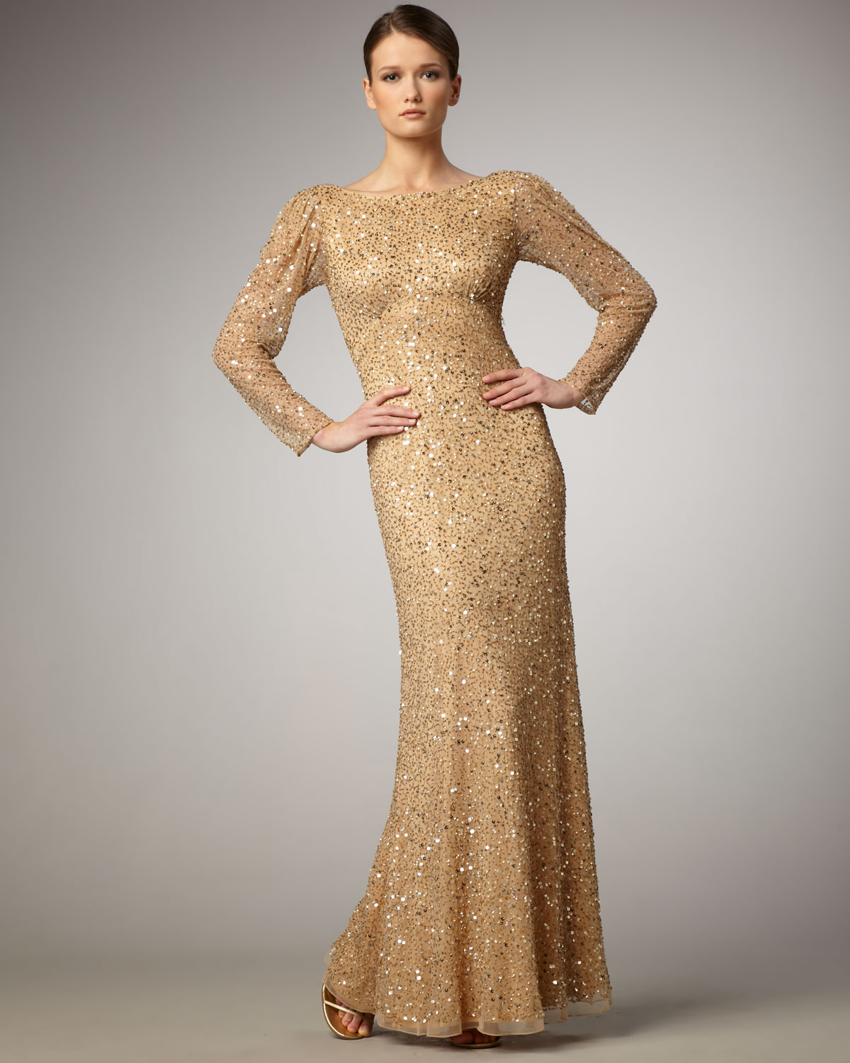long sleeve gold sequin gown
