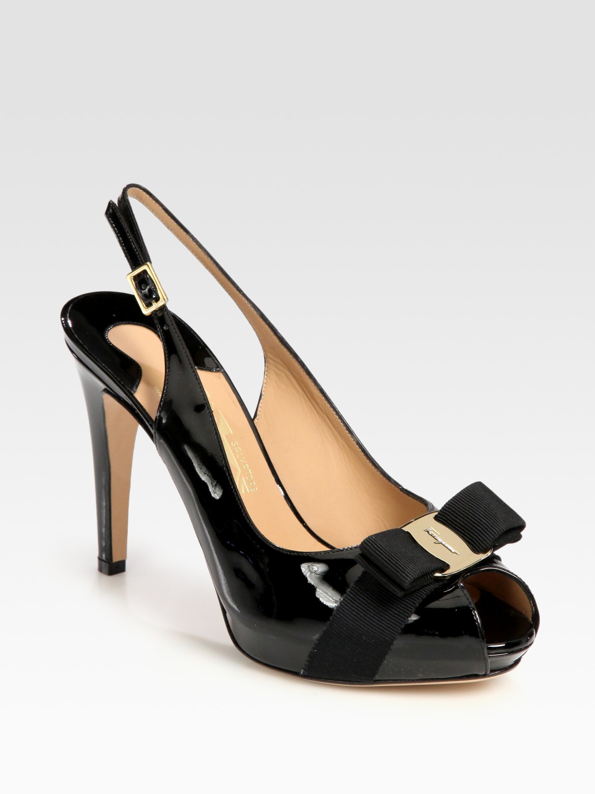 Ferragamo Patent Leather and Grosgrain Ribbon Slingback Peep Toe Bow ...