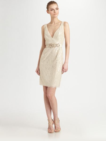 Badgley Mischka Sequined Lace Dress in Gold (cream) | Lyst