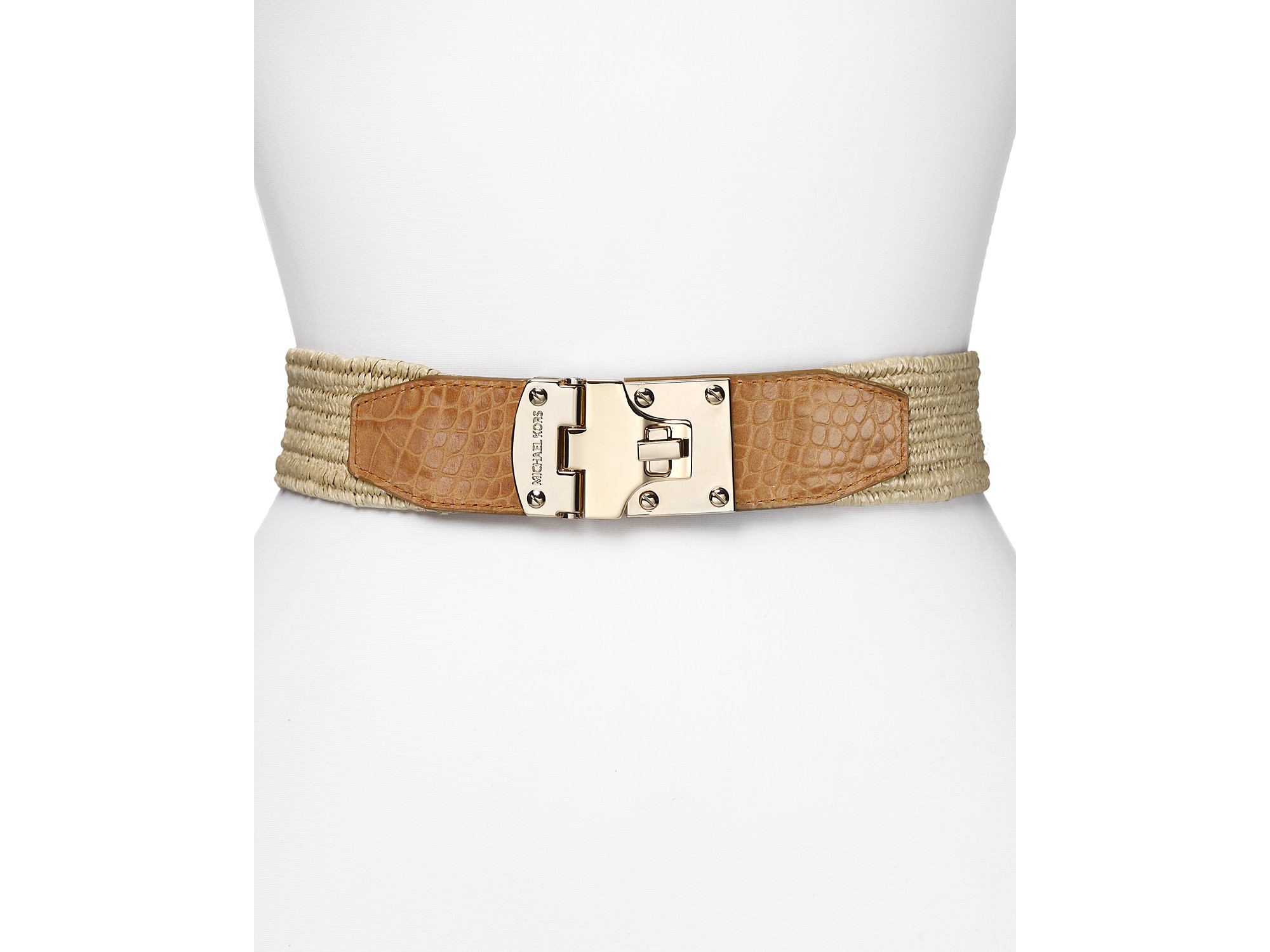 Lyst - Michael Kors Michael Stretch Straw Belt with Square Turnlock in ...