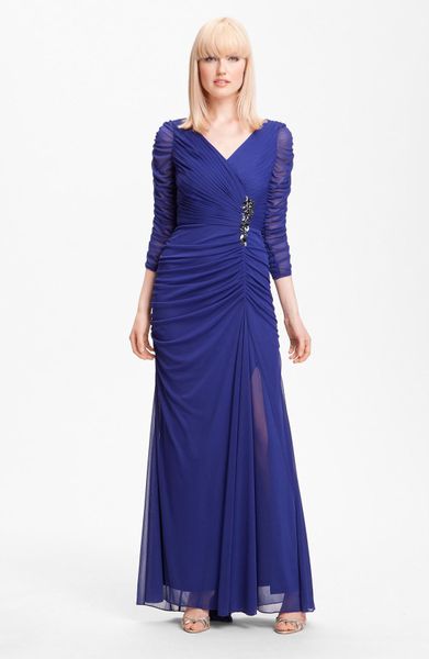 Adrianna Papell Beaded Mesh Gown in Blue (blue violet) | Lyst