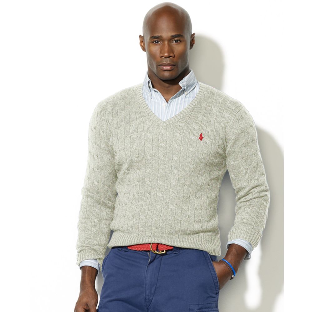 Ralph Lauren Cable Knit Silk V Neck Sweater in Gray for Men - Lyst
