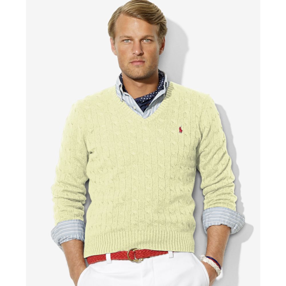 Lyst - Ralph Lauren Cable Knit Silk V Neck Sweater in Natural for Men