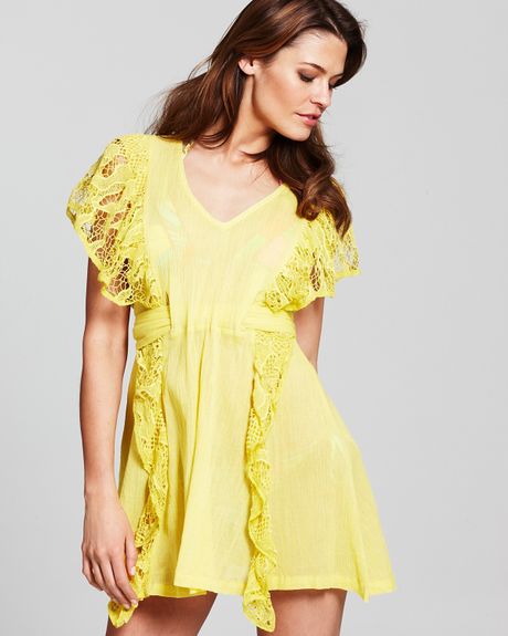 French Connection Lori Lace Frill Dress in Yellow (trouble yellow) | Lyst
