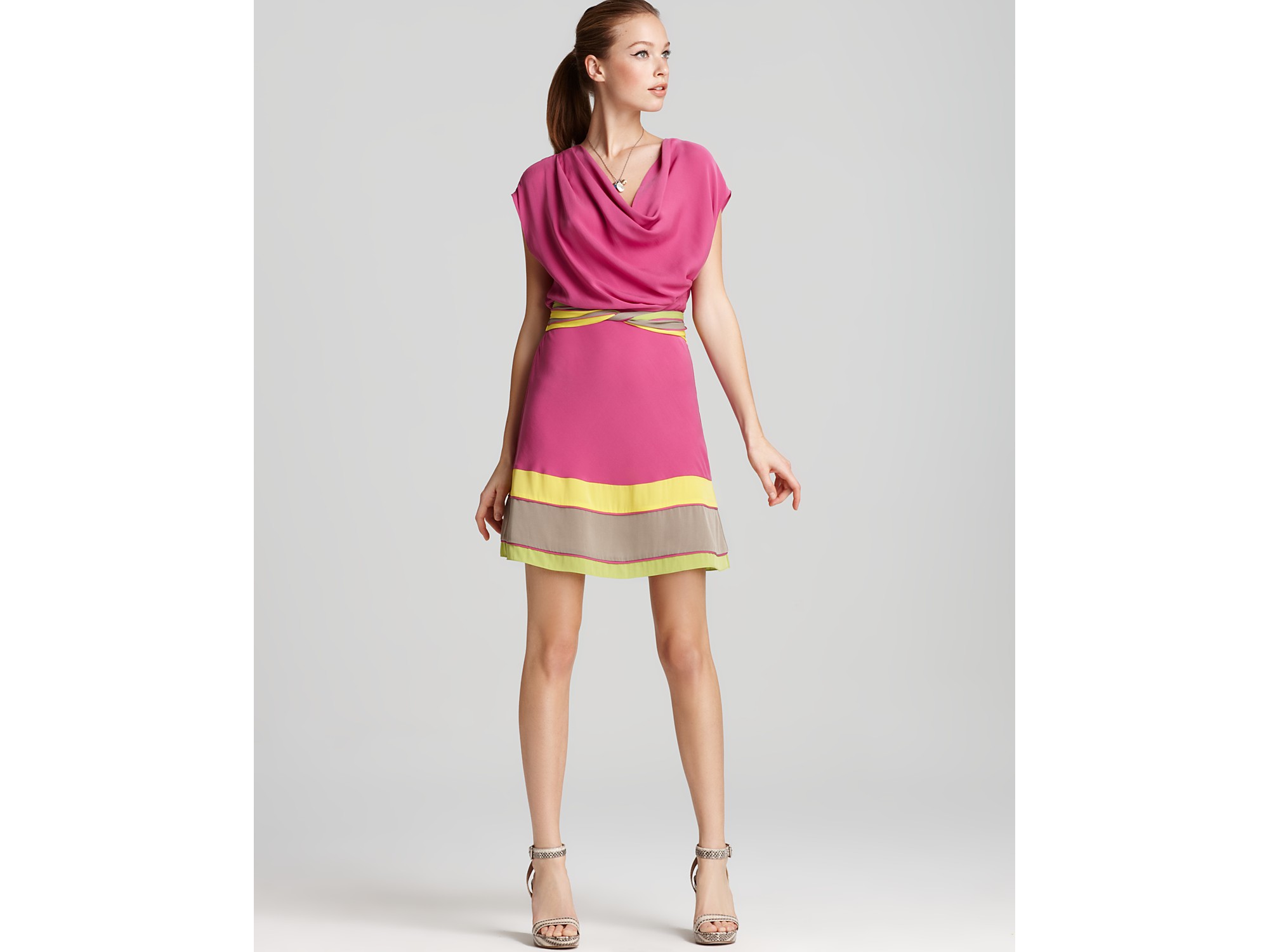 Catherine Malandrino Dress Draped Collar with Fabric Belt in Pink ...