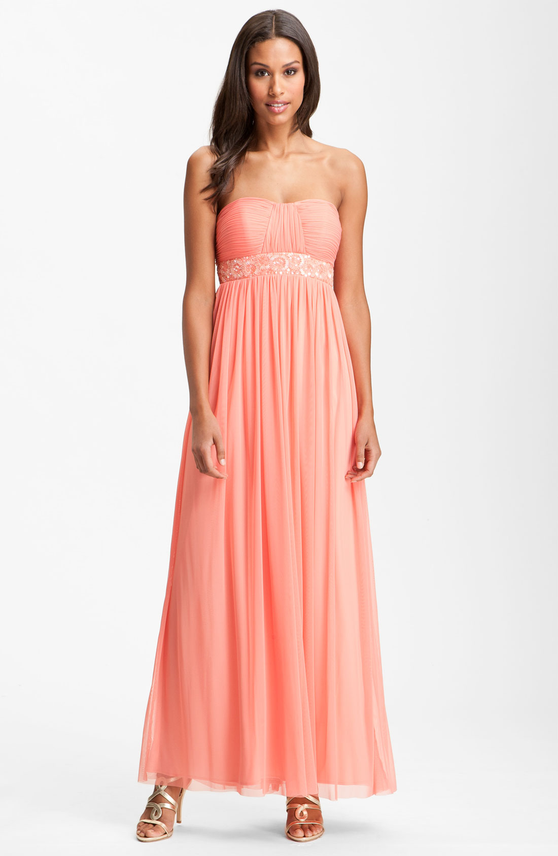 Js Boutique Strapless Beaded Mesh Gown in Pink (soft peach) | Lyst