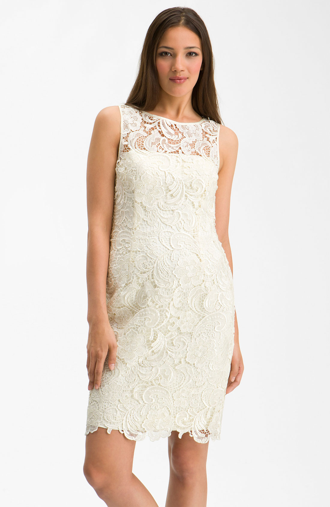 Adrianna Papell Illusion Neck Lace Sheath Dress in White (ivory) | Lyst