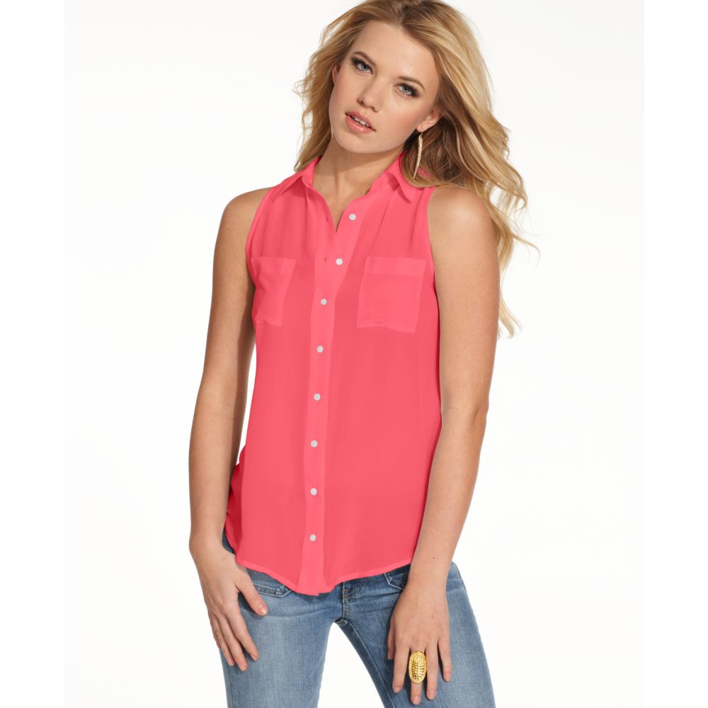 Lyst - Guess Sleeveless Silk Simona Button Down Blouse in Pink