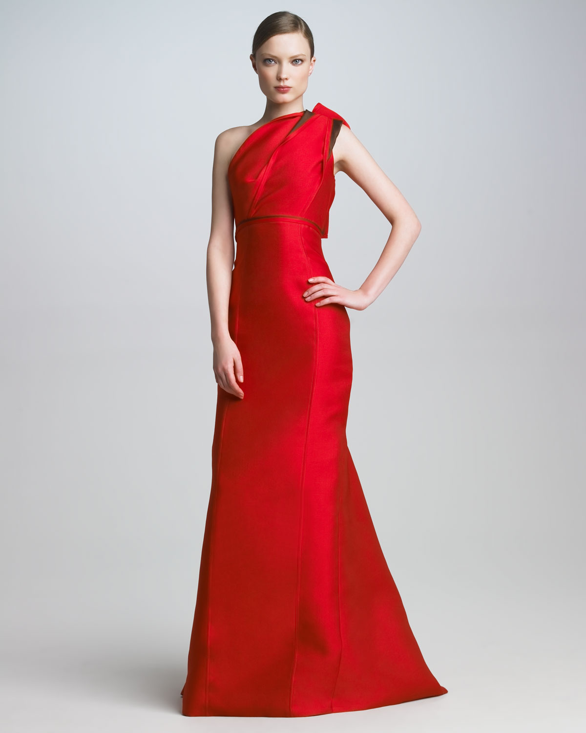 Lyst Carolina Herrera Bowshoulder Satin Gown In Red Gallery