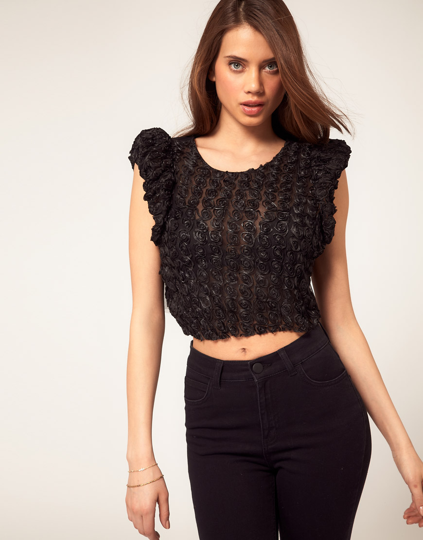 Asos collection Asos Cropped Top With Textured Floral in Black | Lyst