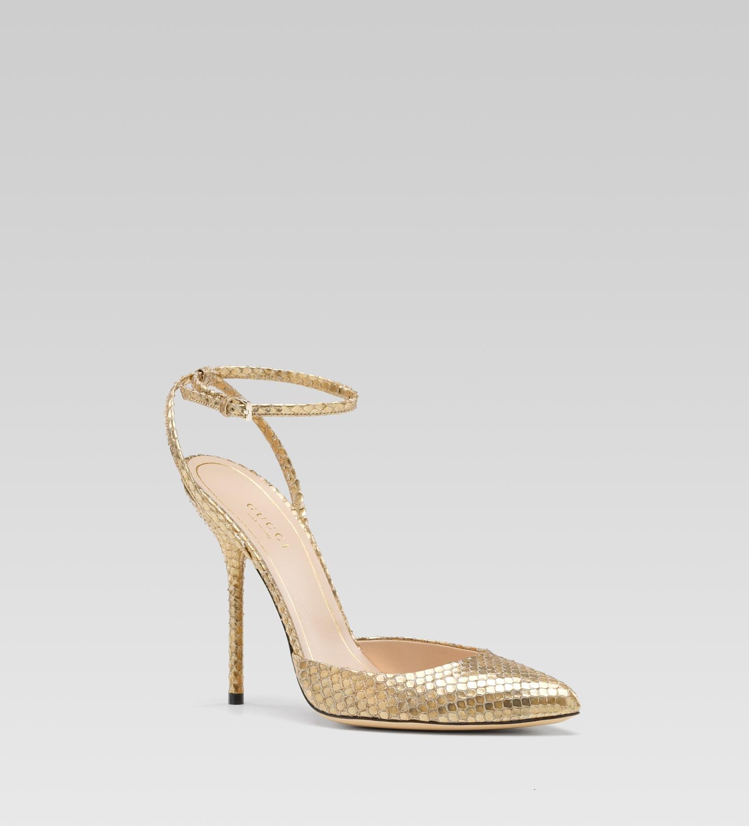 Lyst Gucci Noah High Heel Pointed Toe Pump With Ankle Strap In Metallic