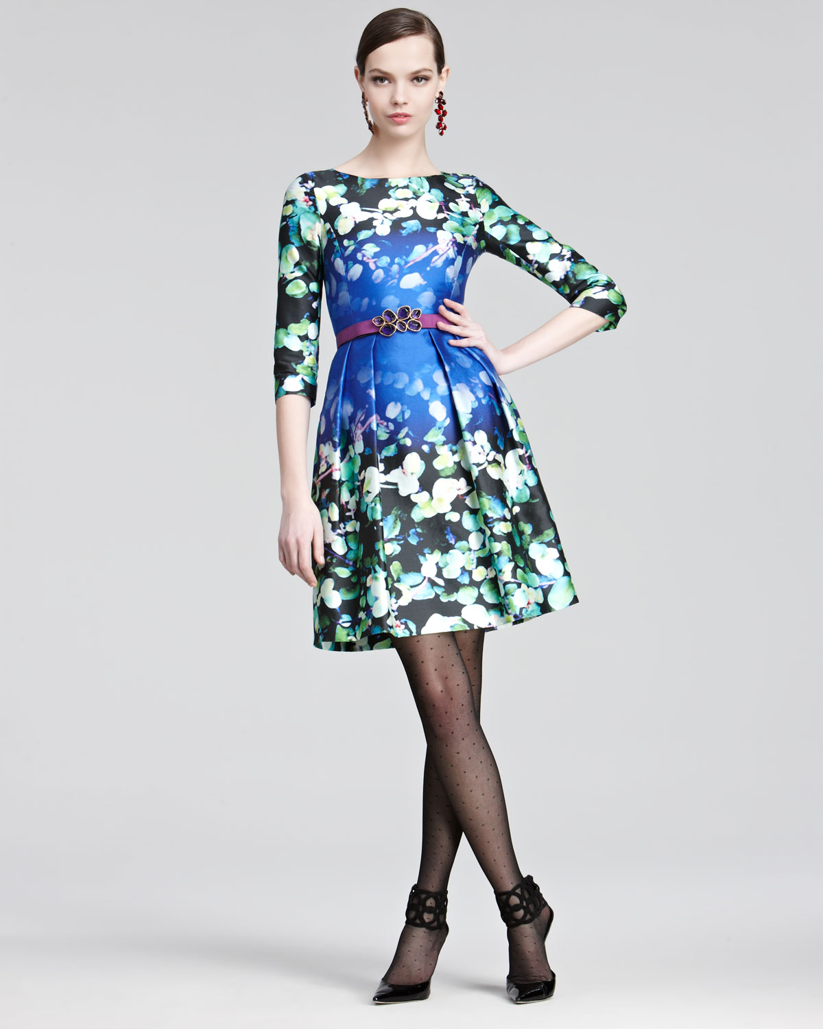 Oscar de la renta Floral-print Silk-blend Mikado Dress in Blue | Lyst