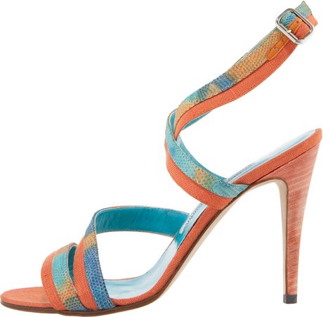 Manolo Blahnik Colorblock Lizard Sandal in Orange (multi) | Lyst