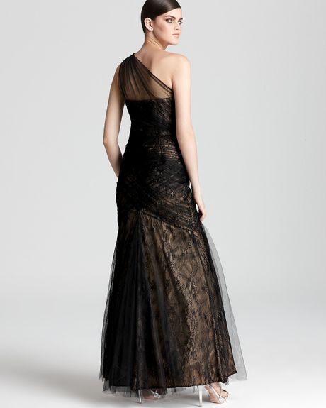 Ml Monique Lhuillier One Shoulder Gown Tulle Overlay in Black | Lyst