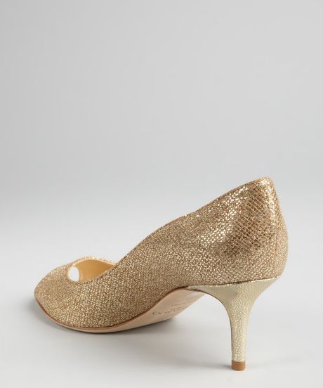 Jimmy Choo Gold Shimmer Leather Isabel Kitten Heel Peep Toes in Gold | Lyst