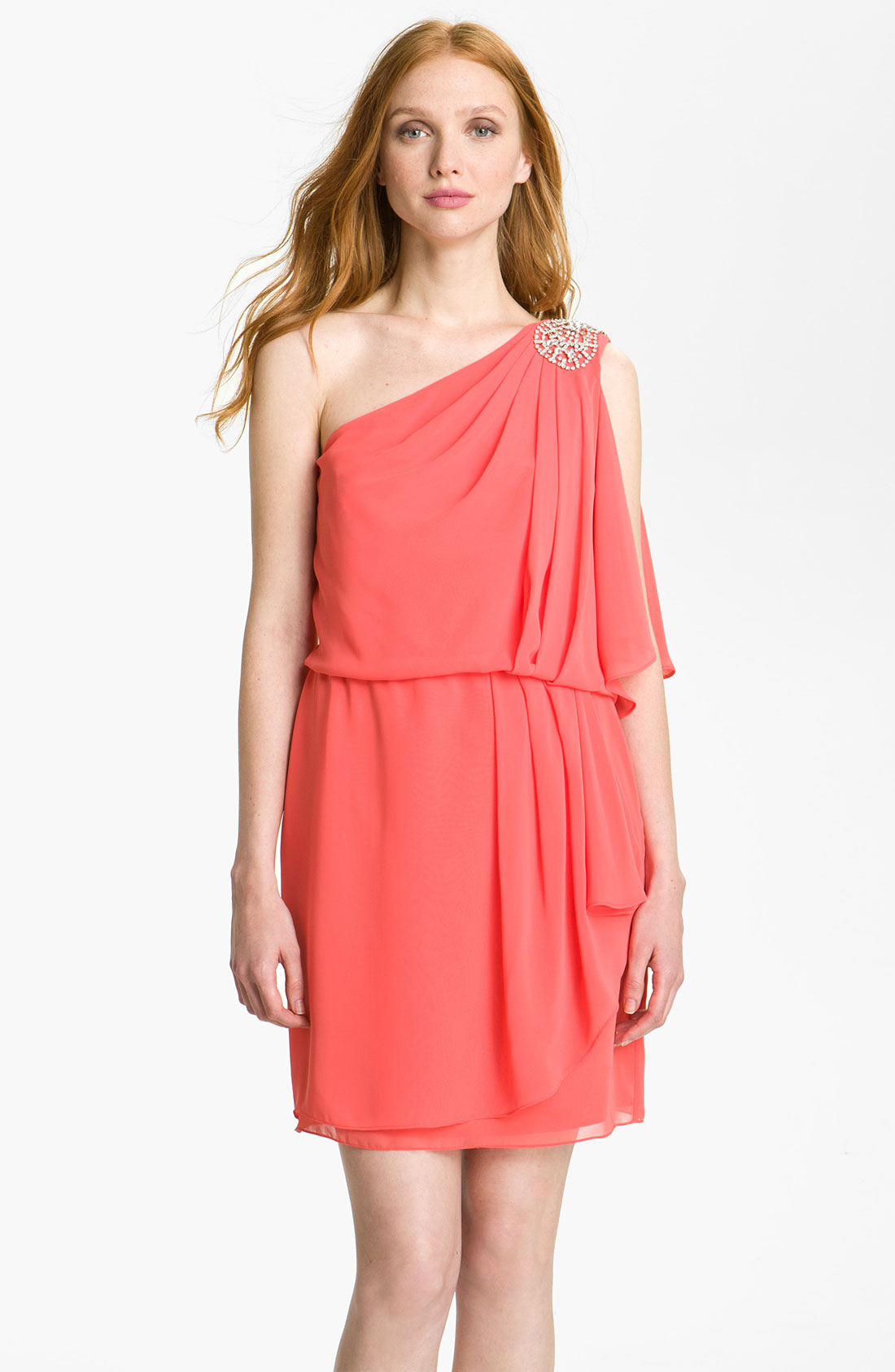 Js Boutique One Shoulder Pleated Chiffon Dress in Pink (mango) | Lyst