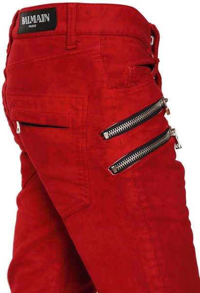 Balmain 18cm Moleskin Biker Jeans in Red for Men | Lyst