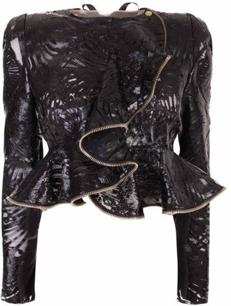 Alexander Mcqueen Laser Cut Patent Leather On Lace Wave Ruffle Jacket ...