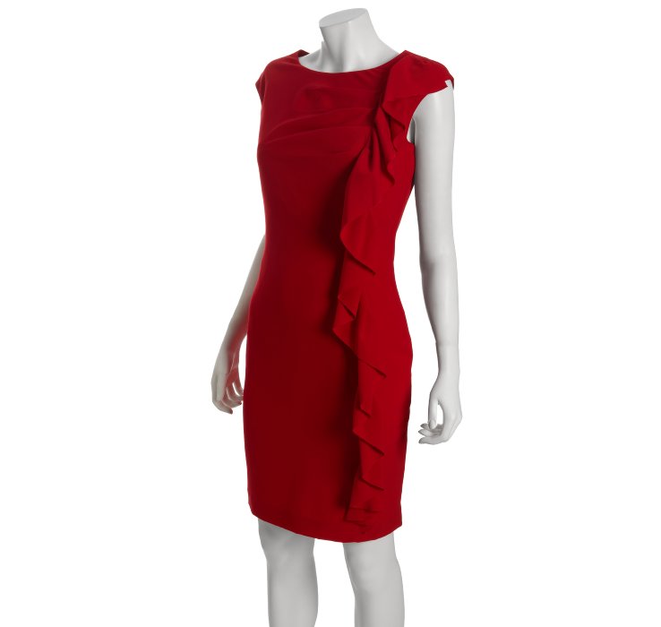 Lyst - Calvin Klein Red Stretch Ruffle Side Cap Sleeve Dress in Red