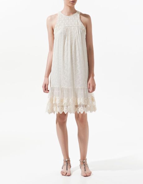 Zara Combined Embroidered Dress with Lace Trim in White (ecru) | Lyst