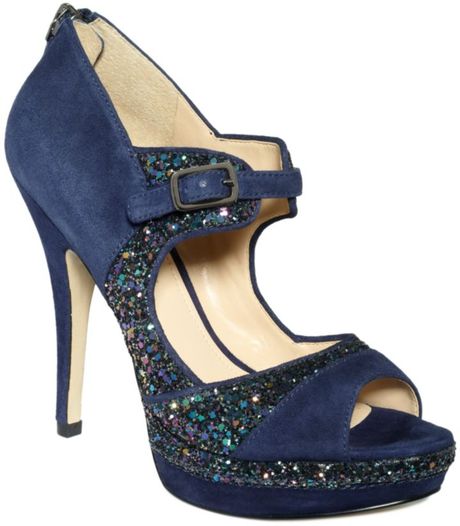 Enzo Angiolini Sling Platform Pumps in Blue (navy suede/glitter combo ...
