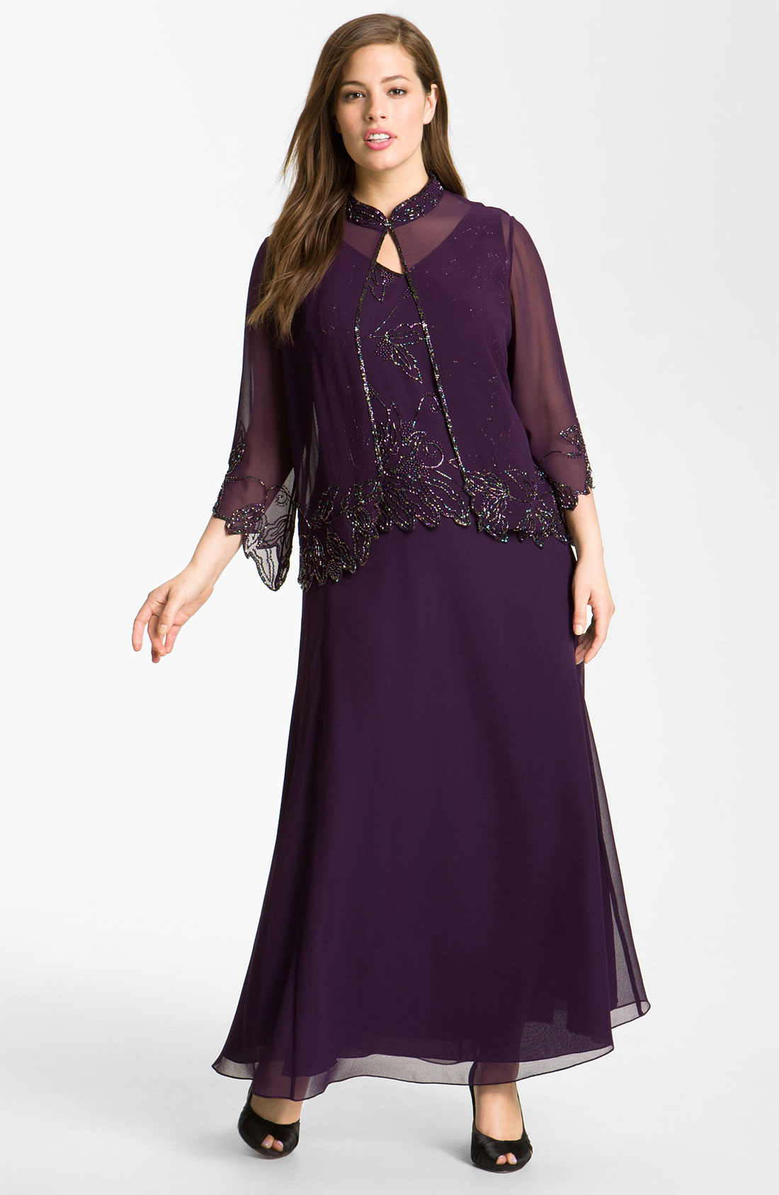J Kara Sheer Beaded Chiffon Gown Jacket in Purple (plum/ wine/ shaded ...