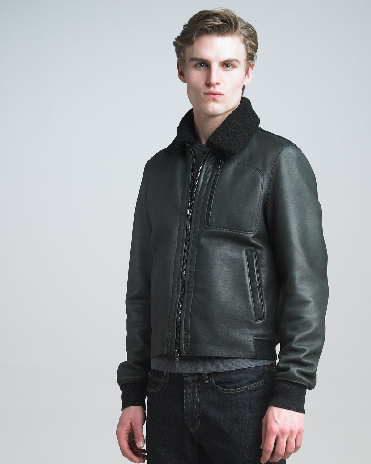Lanvin Leather Motorcycle Jacket in Green for Men (anthracite) | Lyst