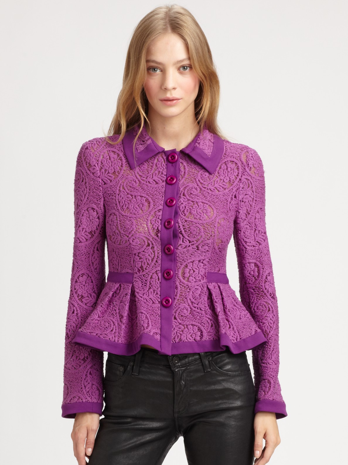 Lyst - Nanette Lepore Summer Flame Lace Peplum Jacket in Purple