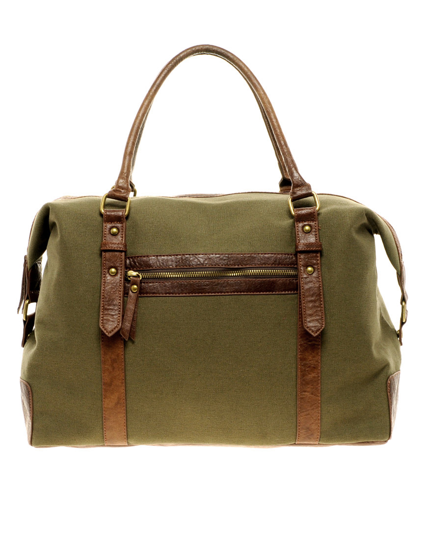 Lyst - Asos Canvas and Leather Look Holdall in Green for Men