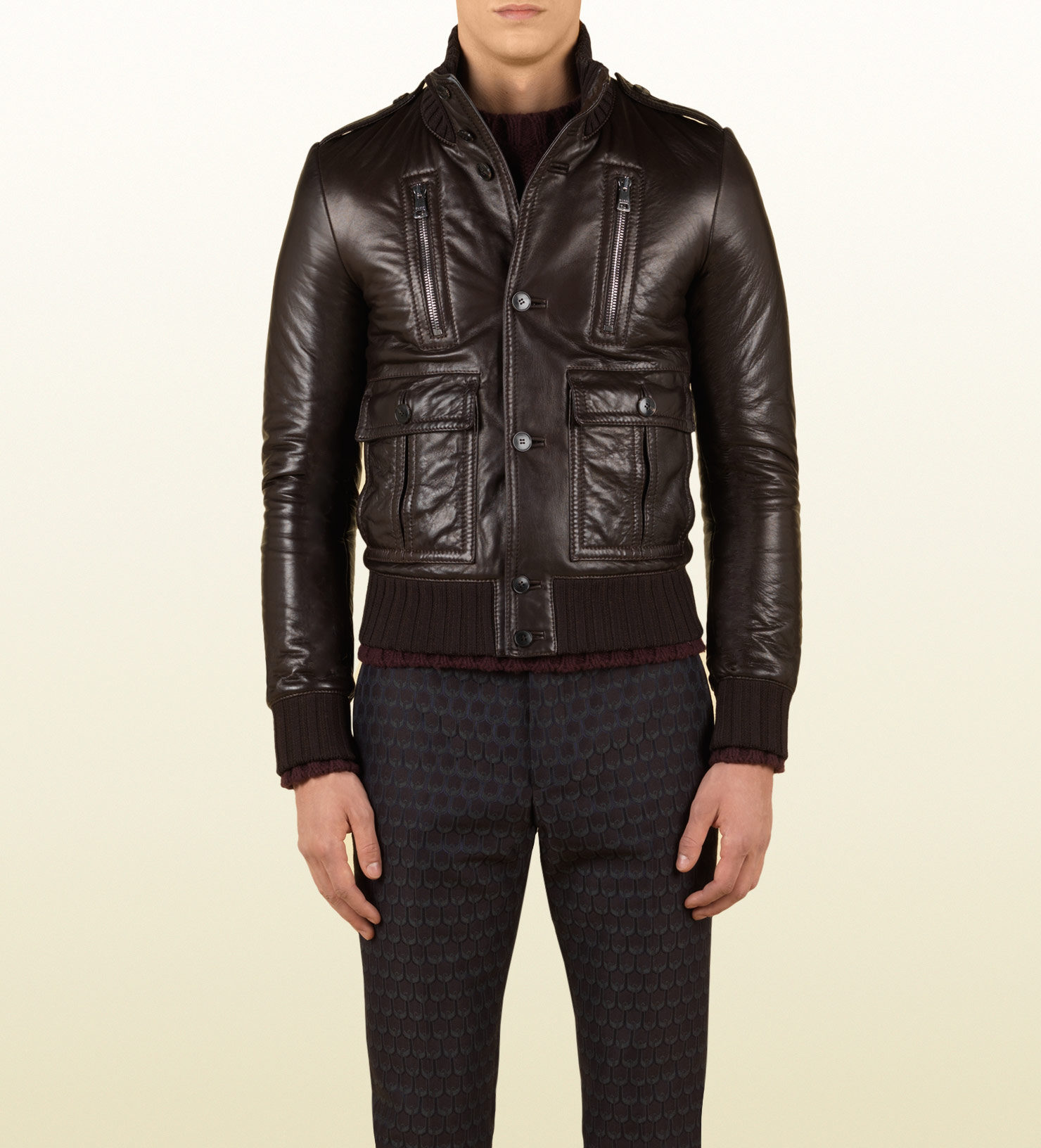 Gucci Leather Biker Jacket With Shearling Collar In Brown For Men Lyst Gallery