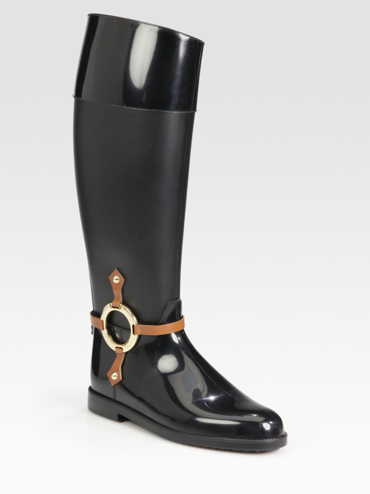 Pollini Tall Leather Trim Buckle Rain Boots in Black | Lyst