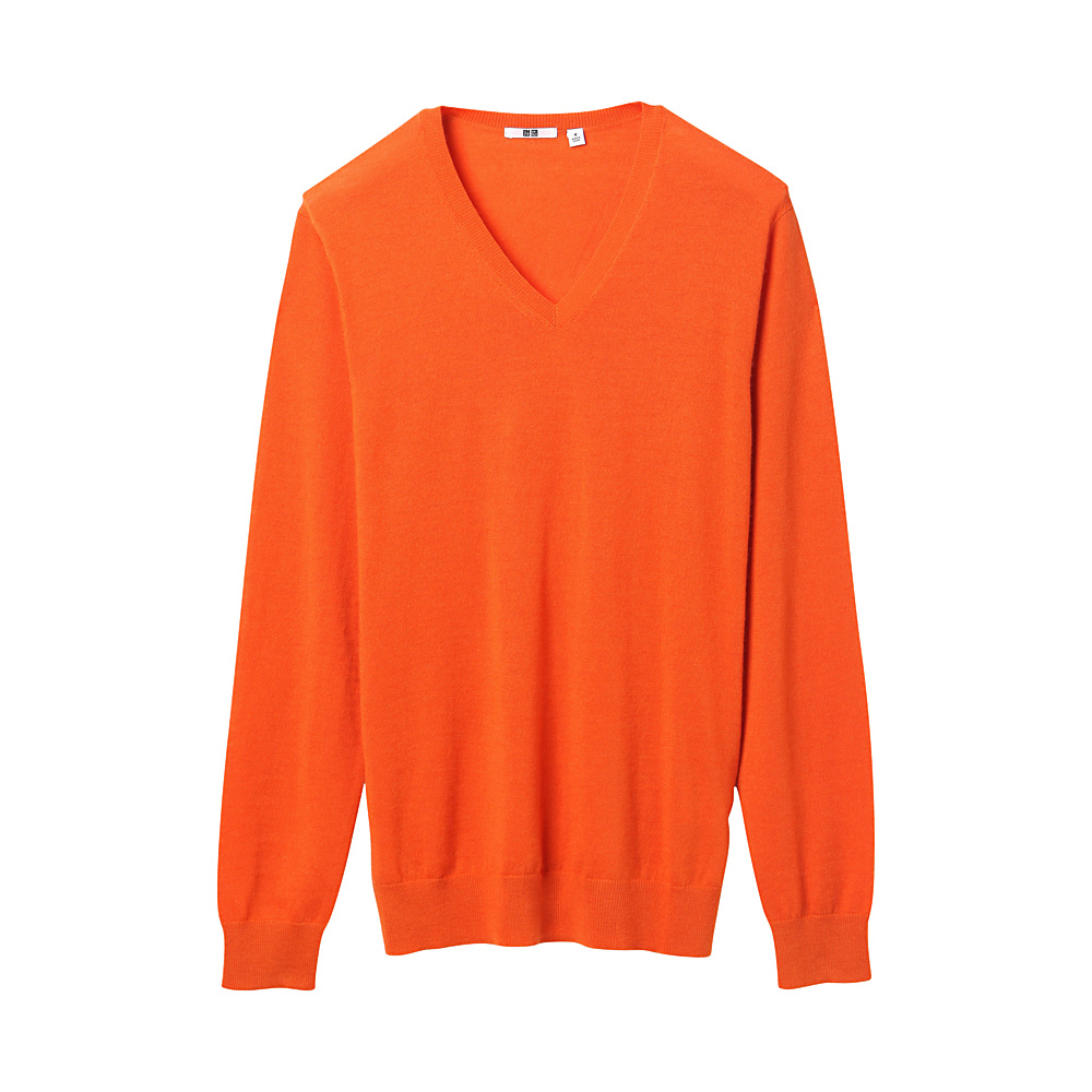 Uniqlo Men Extra Fine Merino V Neck Sweater in Orange for Men | Lyst