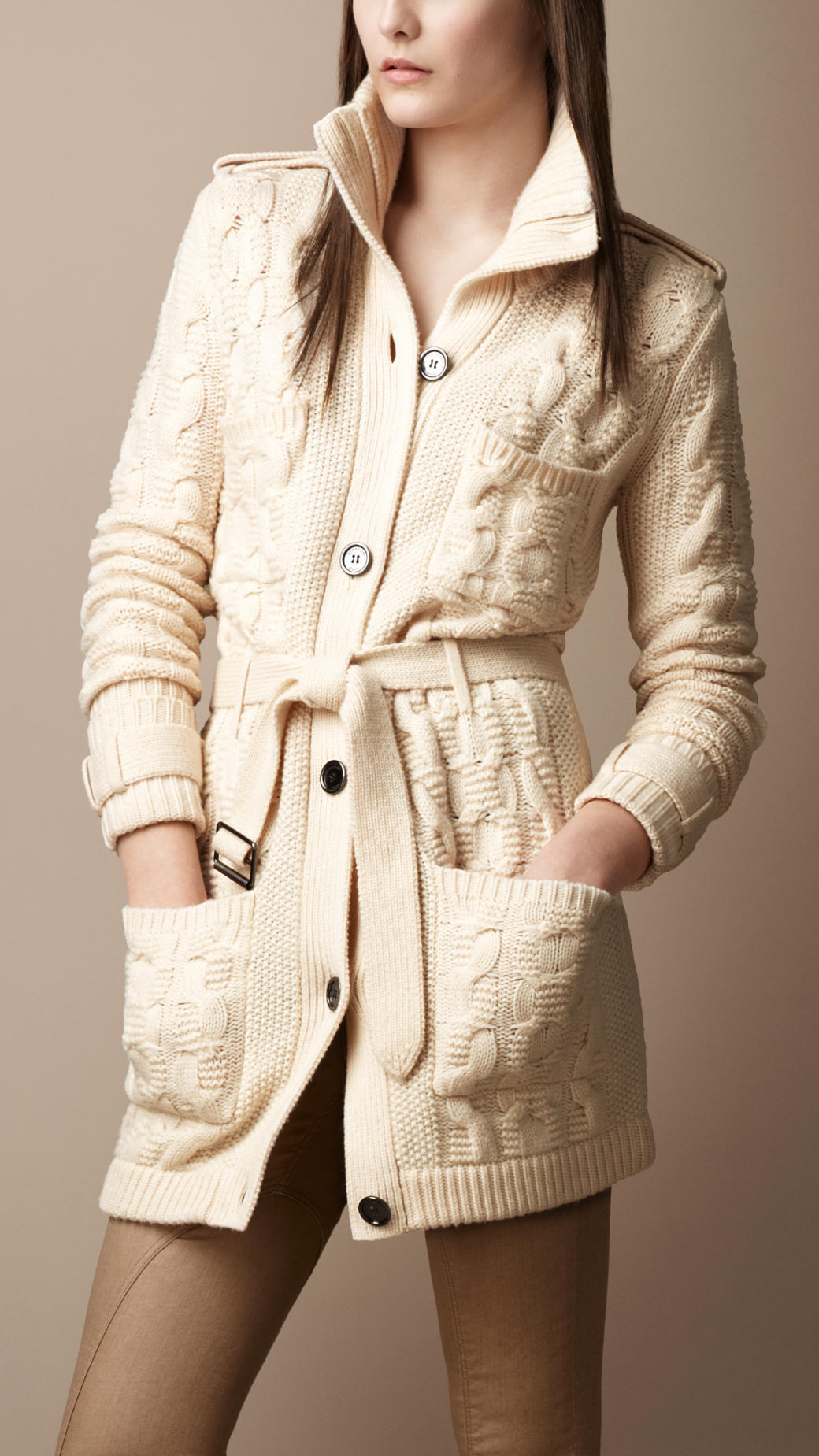 Lyst - Burberry Brit Wool Cashmere Cable Knit Cardigan in Natural