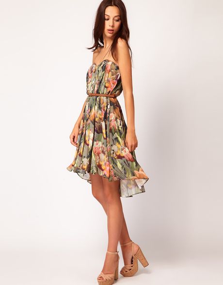 Ted Baker Tulip Print Strapless Dress in Green (olive) | Lyst