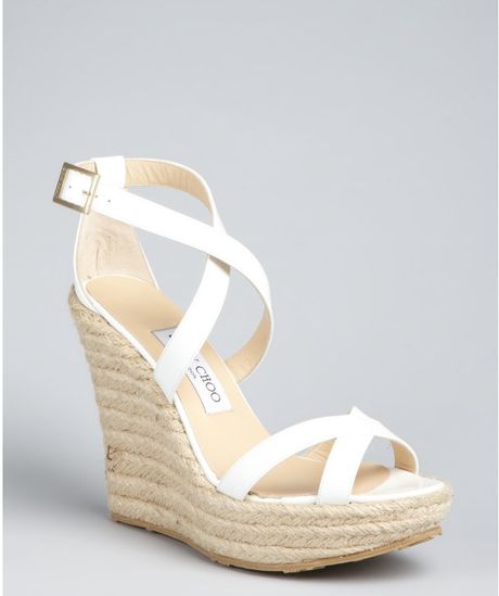 Jimmy Choo White Patent Leather Porto Espadrille Wedges in White | Lyst