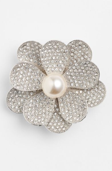 Tasha Pavé Flower Faux Pearl Brooch in Silver (silver/ clear crystal ...