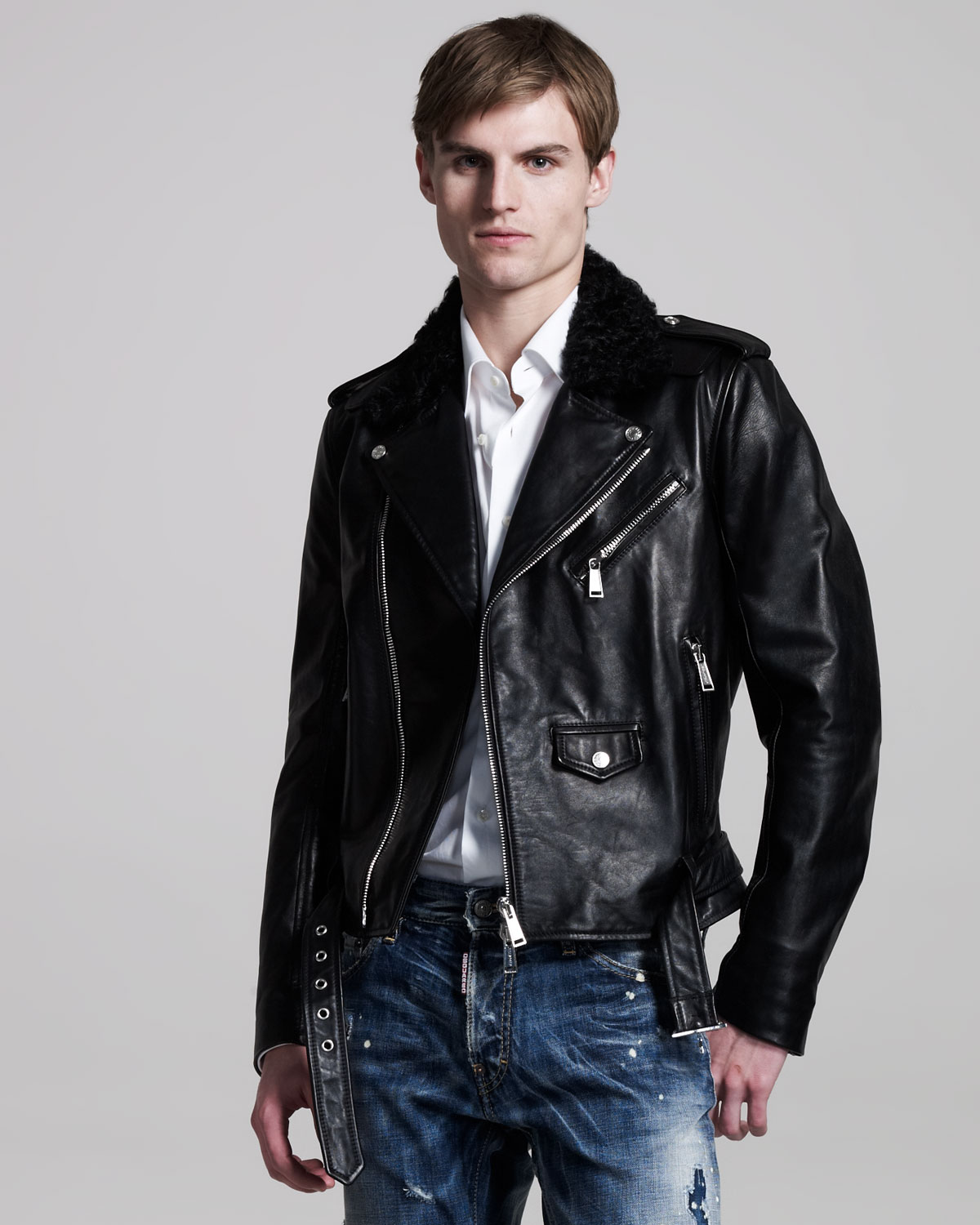 Lyst Dsquared² Shearling Collar Leather Biker Jacket In Black For Men Gallery