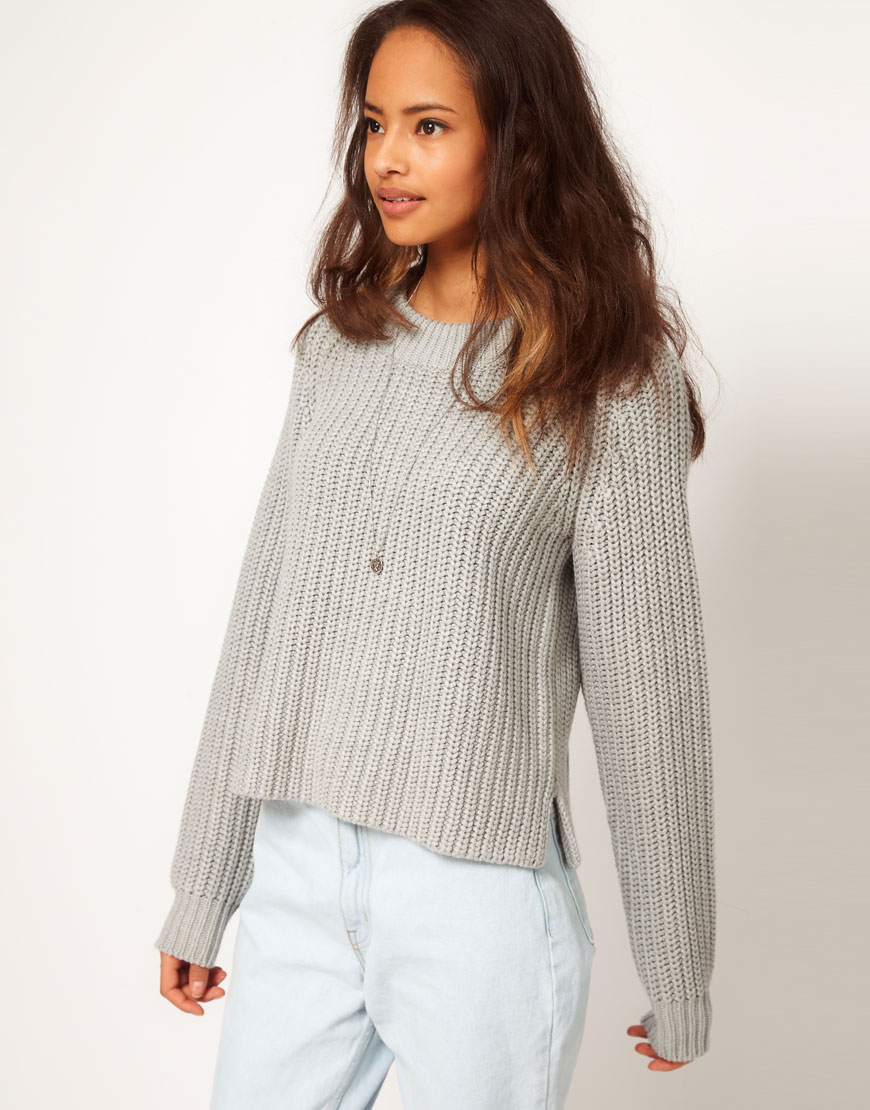 Asos Crop Fishermans Knit Sweater in Gray | Lyst