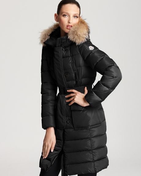Moncler Genevrier Cinched Long Down Coat with Fur in Black | Lyst