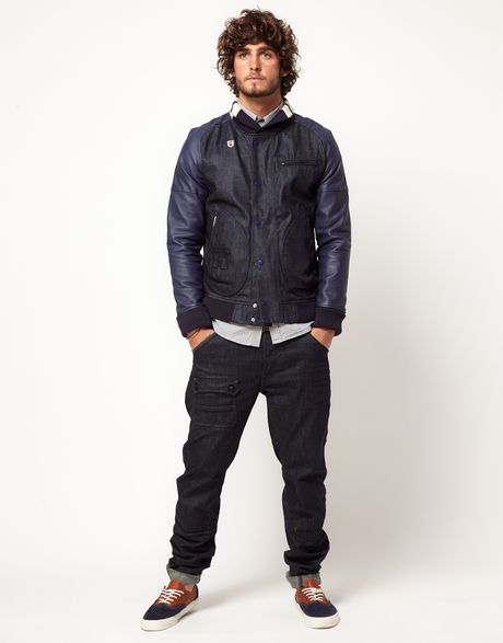 G-star Raw Denim Jacket Asahi Leather Sleeve in Blue for Men | Lyst